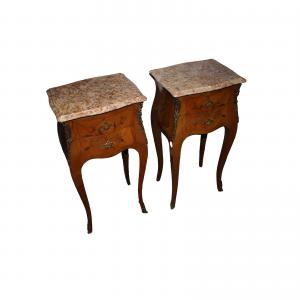 Pair of French Louis XV style inlaid bedside tables with marble tops